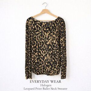 Halogen Leopard Print Pima Cotton Sweater Ballet Neck Women M